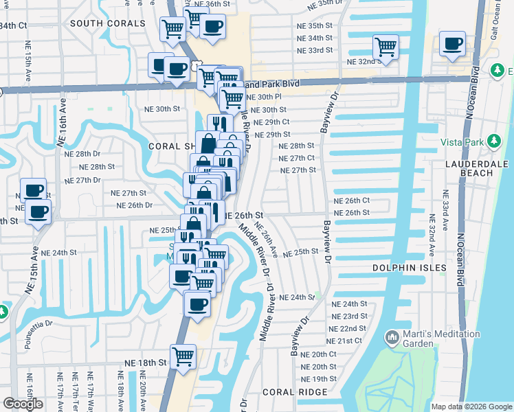 map of restaurants, bars, coffee shops, grocery stores, and more near 2600 Northeast 26th Terrace in Fort Lauderdale