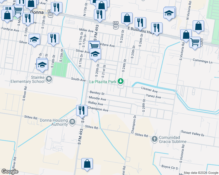 map of restaurants, bars, coffee shops, grocery stores, and more near 714 South 22nd Street in Donna