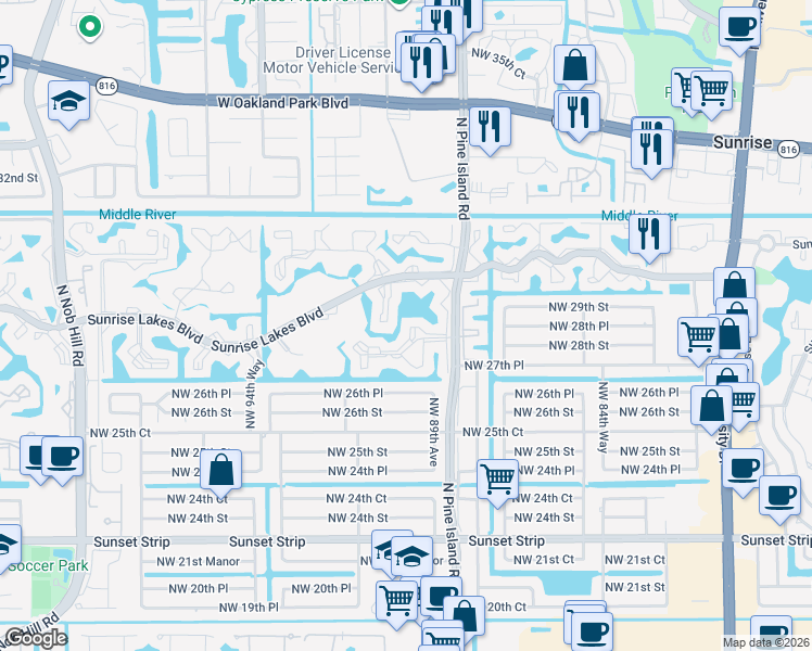 map of restaurants, bars, coffee shops, grocery stores, and more near 2725 North Pine Island Road in Sunrise