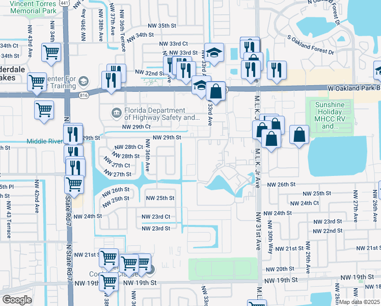 map of restaurants, bars, coffee shops, grocery stores, and more near 3400 Northwest 29th Street in Lauderdale Lakes