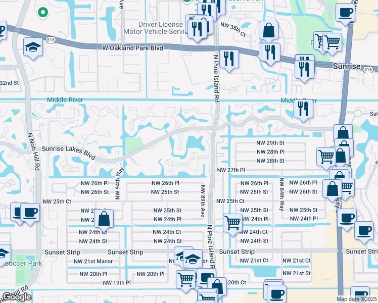 map of restaurants, bars, coffee shops, grocery stores, and more near 2725 North Pine Island Road in Sunrise