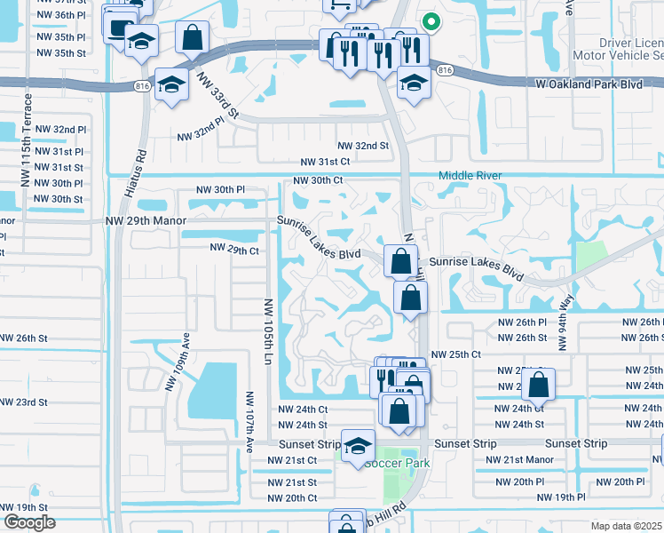map of restaurants, bars, coffee shops, grocery stores, and more near 2726 Northwest 104th Avenue in Sunrise
