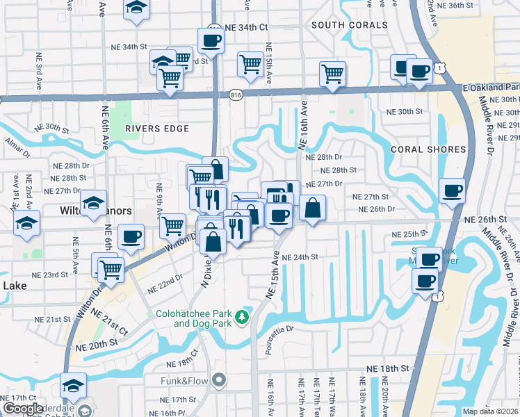 map of restaurants, bars, coffee shops, grocery stores, and more near 1431 Northeast 26th Street in Wilton Manors