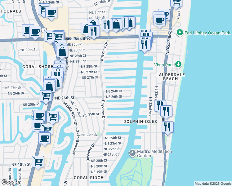 map of restaurants, bars, coffee shops, grocery stores, and more near 2848 Northeast 26th Street in Fort Lauderdale