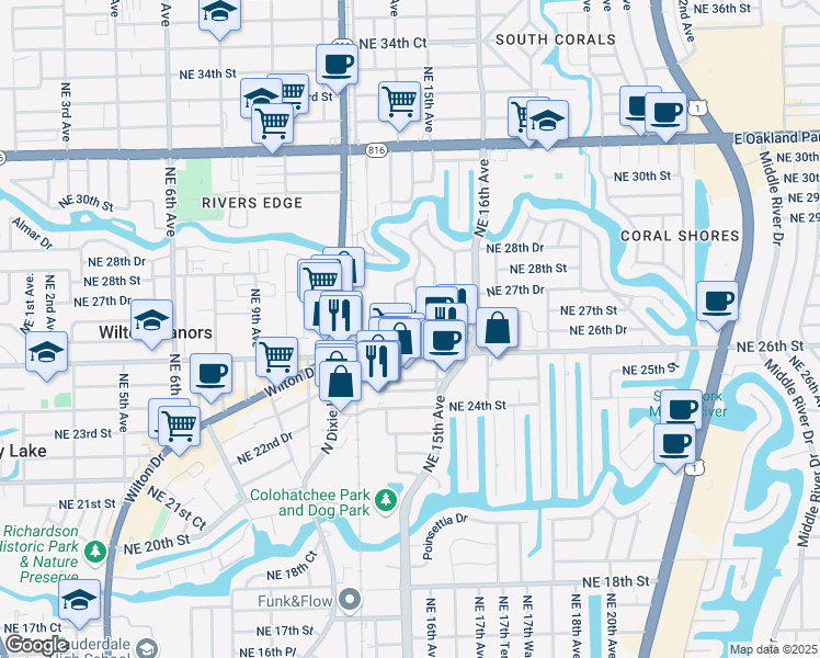 map of restaurants, bars, coffee shops, grocery stores, and more near 1431 Northeast 26th Street in Wilton Manors