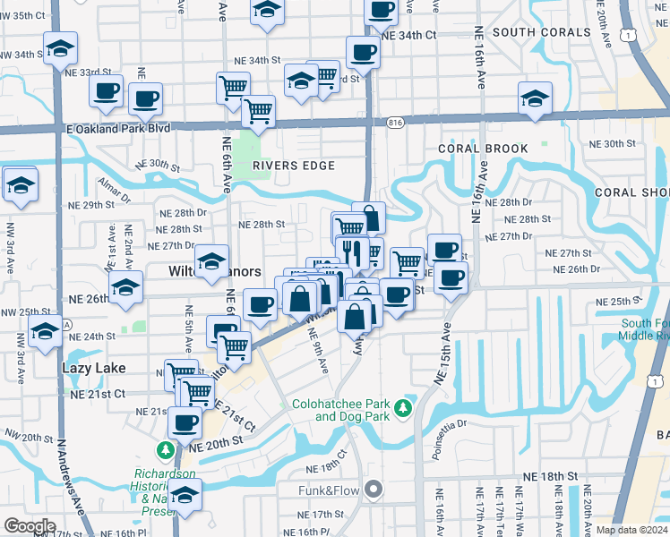 map of restaurants, bars, coffee shops, grocery stores, and more near 2606 Northeast 10th Terrace in Wilton Manors