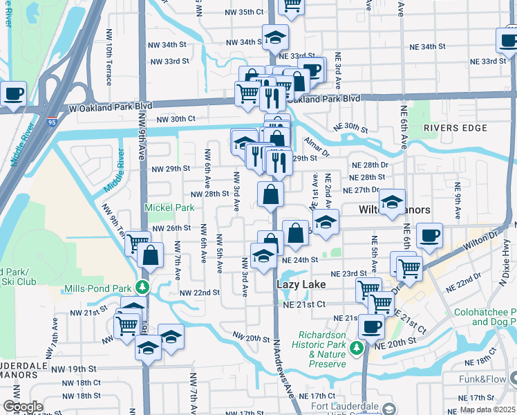 map of restaurants, bars, coffee shops, grocery stores, and more near 2610 Northwest 3rd Avenue in Wilton Manors