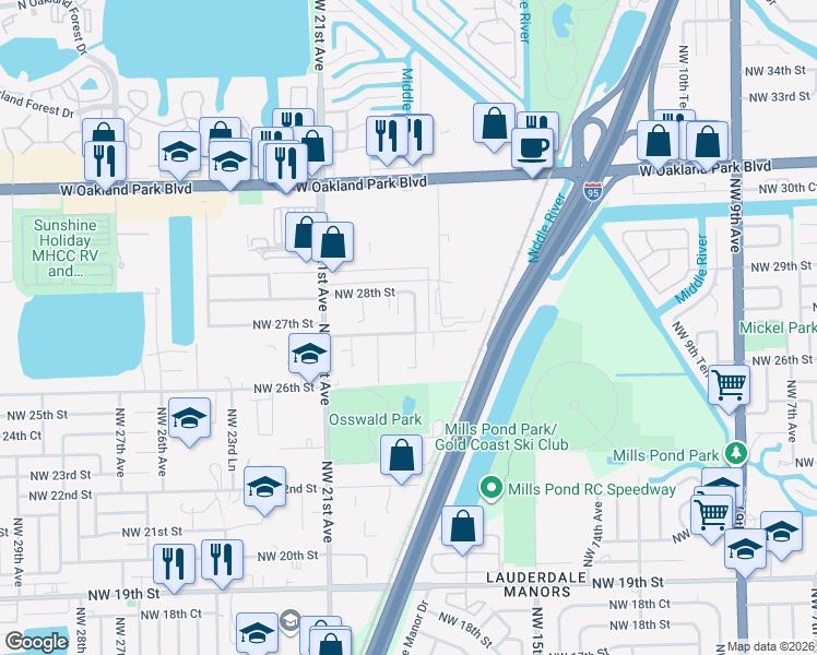 map of restaurants, bars, coffee shops, grocery stores, and more near 1840 Northwest 27th Street in Oakland Park