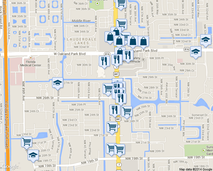 map of restaurants, bars, coffee shops, grocery stores, and more near 4161 Northwest 26th Street in Lauderhill