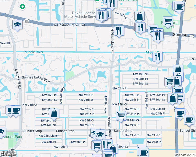 map of restaurants, bars, coffee shops, grocery stores, and more near 2725 North Pine Island Road in Sunrise