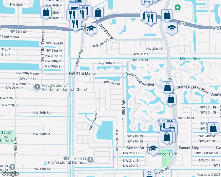 map of restaurants, bars, coffee shops, grocery stores, and more near 10701 Northwest 28th Place in Sunrise