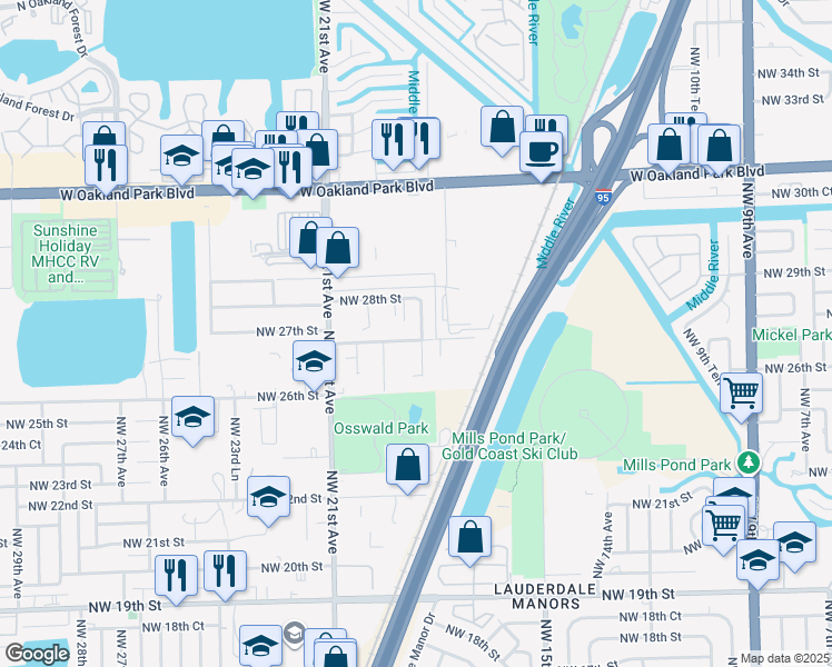 map of restaurants, bars, coffee shops, grocery stores, and more near 1840 Northwest 27th Street in Oakland Park