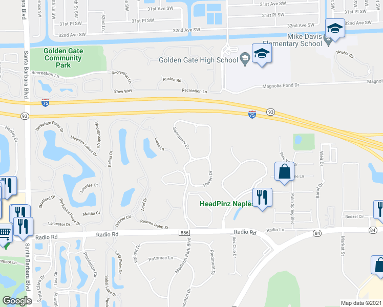 map of restaurants, bars, coffee shops, grocery stores, and more near 7887 Sanctuary Circle in Naples