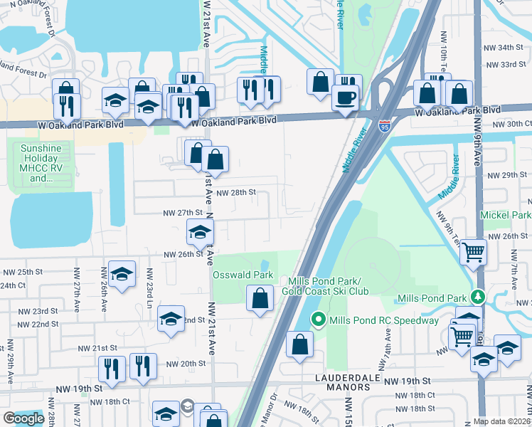map of restaurants, bars, coffee shops, grocery stores, and more near 1840 Northwest 27th Street in Oakland Park