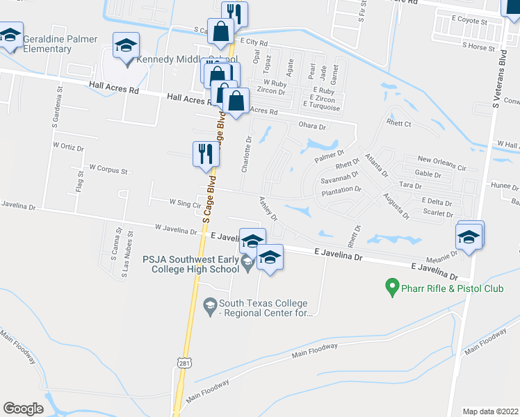 map of restaurants, bars, coffee shops, grocery stores, and more near 2900 Ashley Drive in Pharr