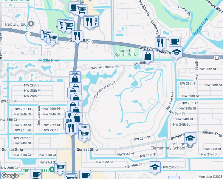 map of restaurants, bars, coffee shops, grocery stores, and more near 2900 Northwest 80th Avenue in Sunrise