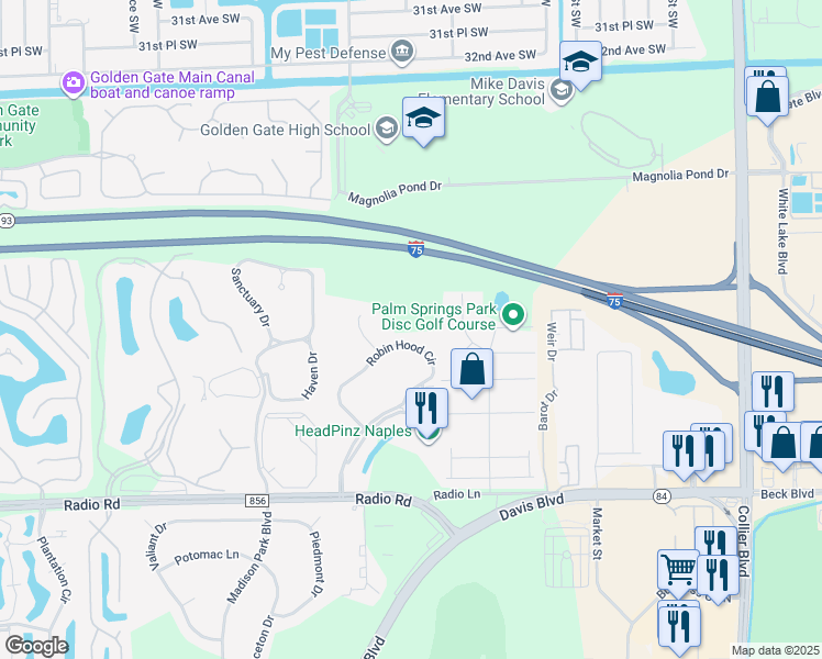 map of restaurants, bars, coffee shops, grocery stores, and more near 357 Robin Hood Circle in Naples