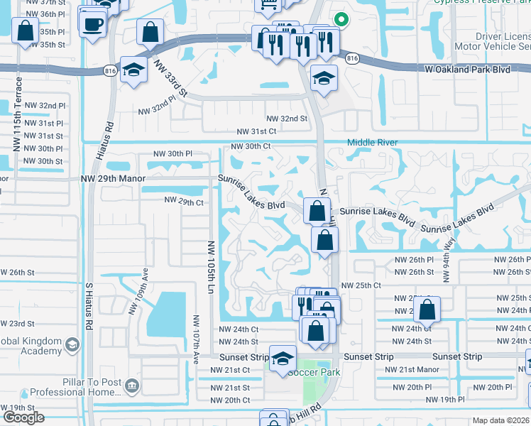 map of restaurants, bars, coffee shops, grocery stores, and more near 10332 Sunrise Lakes Boulevard in Sunrise