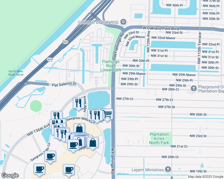 map of restaurants, bars, coffee shops, grocery stores, and more near N Flamingo Rd & NW 136th Ave in Sunrise