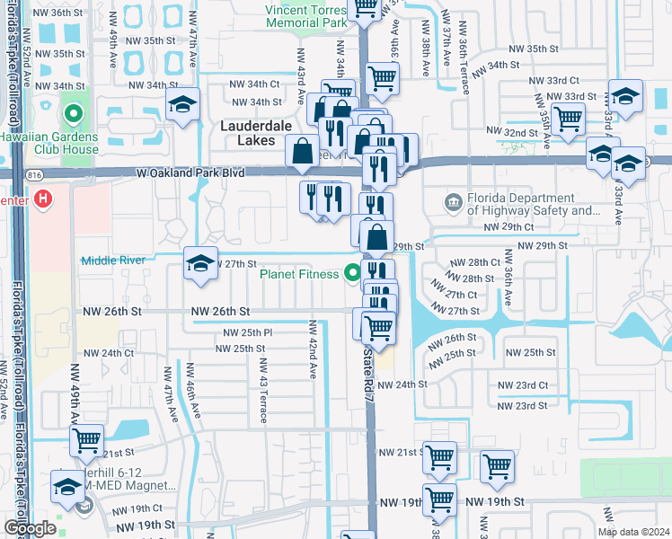 map of restaurants, bars, coffee shops, grocery stores, and more near 4161 Northwest 26th Street in Lauderhill