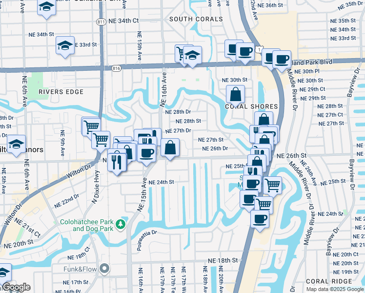 map of restaurants, bars, coffee shops, grocery stores, and more near 1749 Northeast 26th Street in Wilton Manors