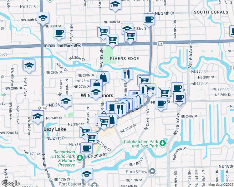 map of restaurants, bars, coffee shops, grocery stores, and more near 819 Northeast 26th Street in Wilton Manors