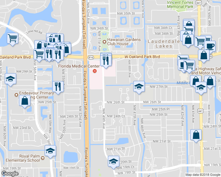 map of restaurants, bars, coffee shops, grocery stores, and more near 133 Northwest 26th Court in Lauderdale Lakes
