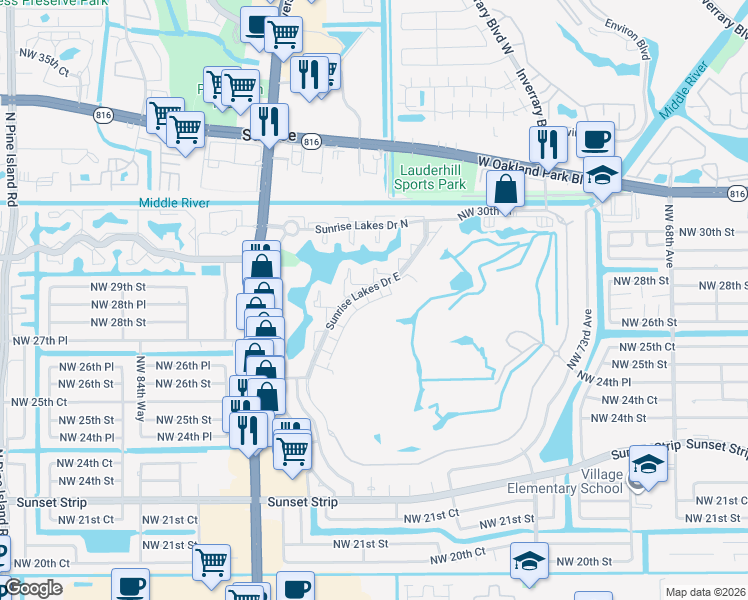 map of restaurants, bars, coffee shops, grocery stores, and more near 2900 Northwest 80th Avenue in Sunrise