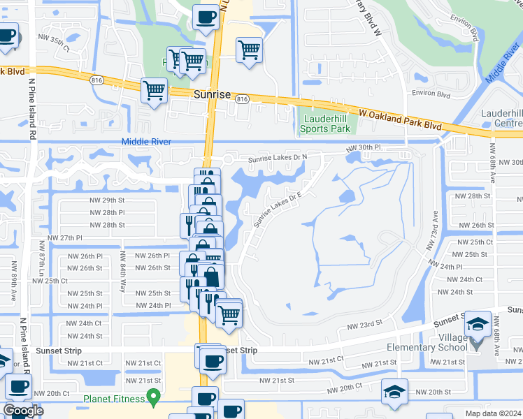 map of restaurants, bars, coffee shops, grocery stores, and more near 8033 Northwest 28th Street in Sunrise