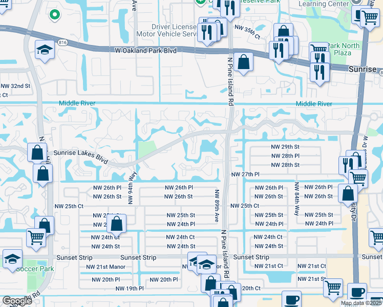 map of restaurants, bars, coffee shops, grocery stores, and more near 2781 North Pine Island Road in Sunrise