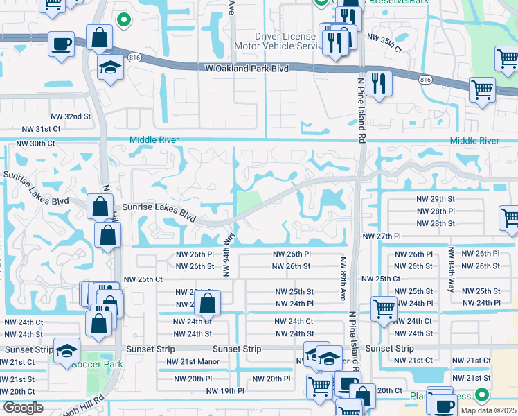 map of restaurants, bars, coffee shops, grocery stores, and more near 9320 Sunrise Lakes Boulevard in Sunrise