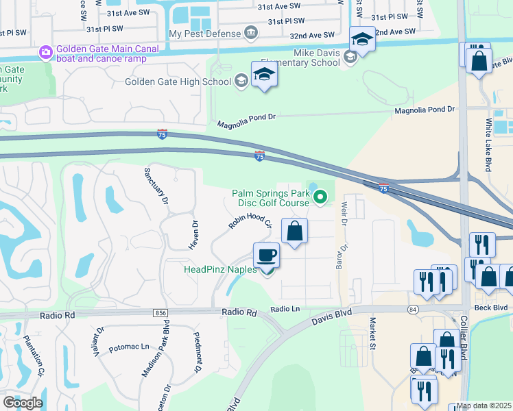 map of restaurants, bars, coffee shops, grocery stores, and more near 357 Robin Hood Circle in Naples