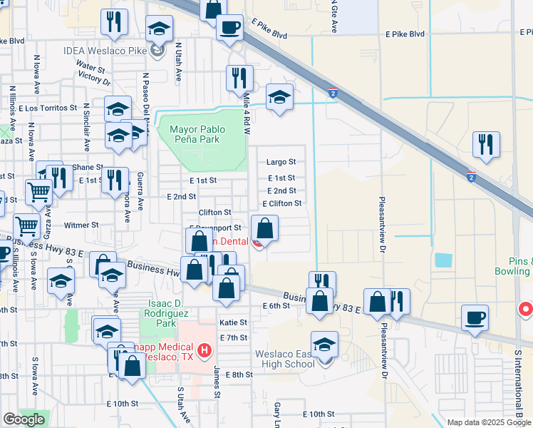 map of restaurants, bars, coffee shops, grocery stores, and more near 300-398 South Airport Drive in Weslaco