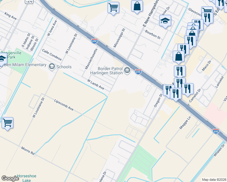 map of restaurants, bars, coffee shops, grocery stores, and more near 401 West New Hampshire Street in Harlingen