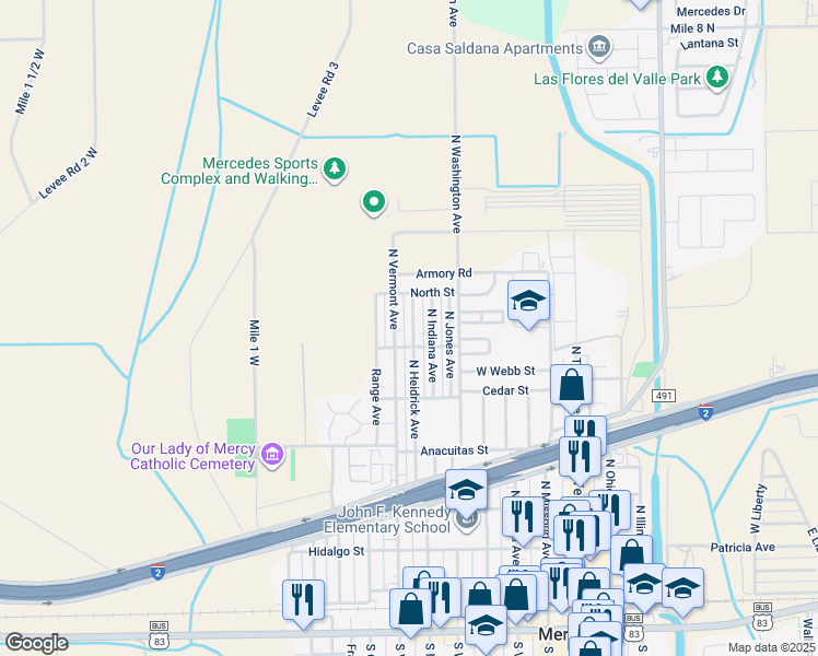 map of restaurants, bars, coffee shops, grocery stores, and more near 903 Heidrick Avenue in Mercedes
