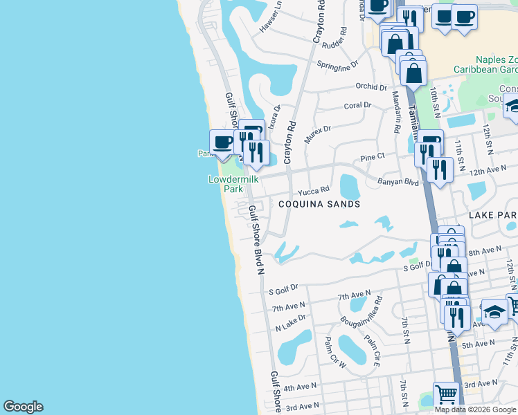 map of restaurants, bars, coffee shops, grocery stores, and more near 1100 Gulf Shore Boulevard North in Naples