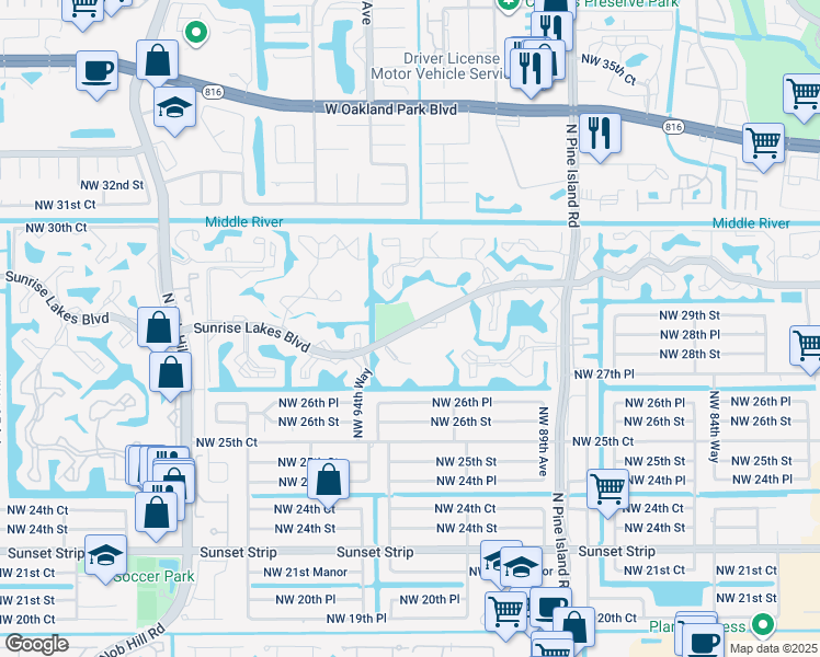 map of restaurants, bars, coffee shops, grocery stores, and more near 9320 Sunrise Lakes Boulevard in Sunrise