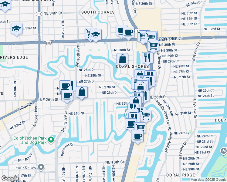 map of restaurants, bars, coffee shops, grocery stores, and more near 1933 Northeast 26th Street in Wilton Manors