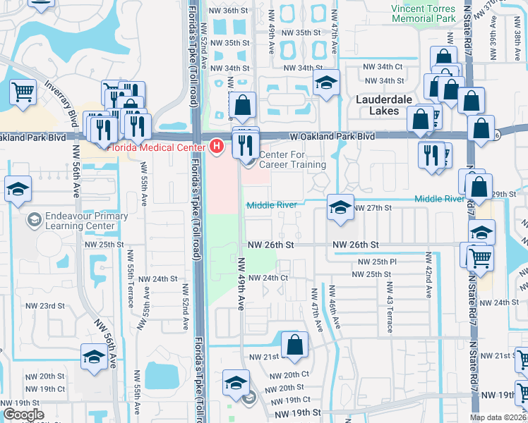 map of restaurants, bars, coffee shops, grocery stores, and more near 133 Northwest 26th Court in Lauderdale Lakes
