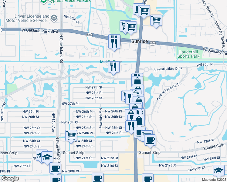 map of restaurants, bars, coffee shops, grocery stores, and more near 8371 Northwest 28th Street in Sunrise