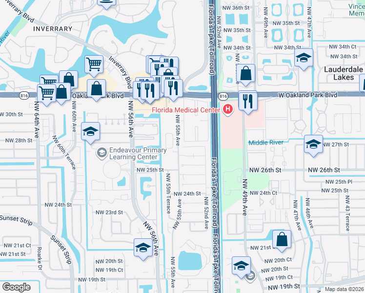 map of restaurants, bars, coffee shops, grocery stores, and more near 2599 Northwest 55th Avenue in Lauderhill