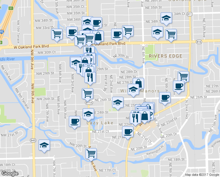 map of restaurants, bars, coffee shops, grocery stores, and more near 2701 Northeast 2nd Avenue in Wilton Manors