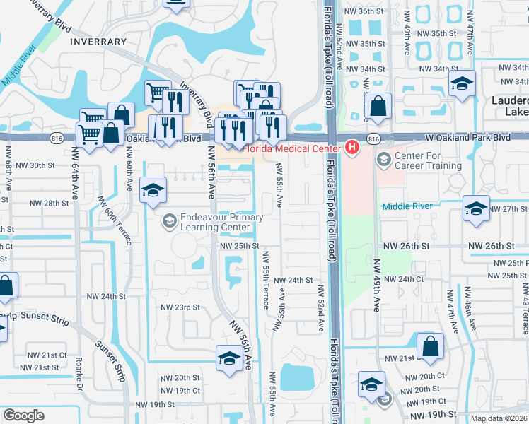 map of restaurants, bars, coffee shops, grocery stores, and more near 2599 Northwest 55th Avenue in Lauderhill