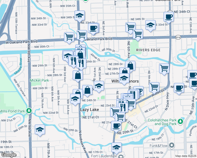 map of restaurants, bars, coffee shops, grocery stores, and more near 2701 Northeast 2nd Avenue in Wilton Manors