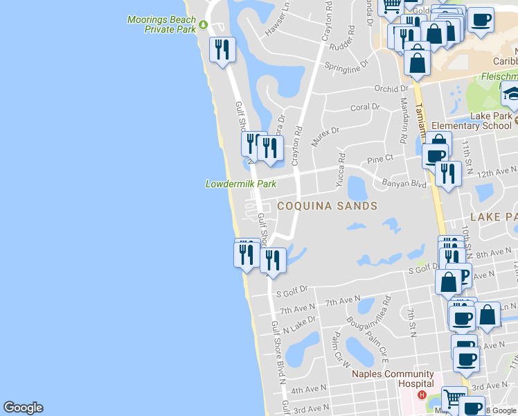 map of restaurants, bars, coffee shops, grocery stores, and more near 1201 Gulf Shore Boulevard North in Naples