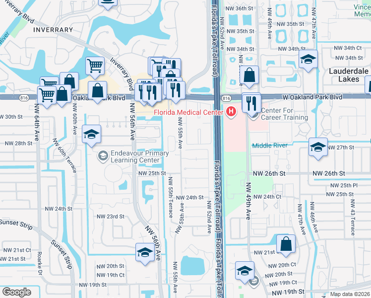 map of restaurants, bars, coffee shops, grocery stores, and more near 2599 Northwest 55th Avenue in Lauderhill