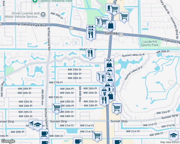 map of restaurants, bars, coffee shops, grocery stores, and more near 8371 Northwest 28th Street in Sunrise