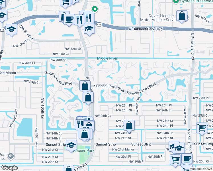 map of restaurants, bars, coffee shops, grocery stores, and more near 140 Sunrise Lakes Boulevard in Sunrise