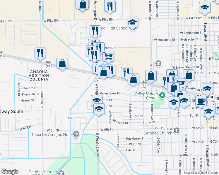 map of restaurants, bars, coffee shops, grocery stores, and more near 1202 Valley View Drive in Weslaco