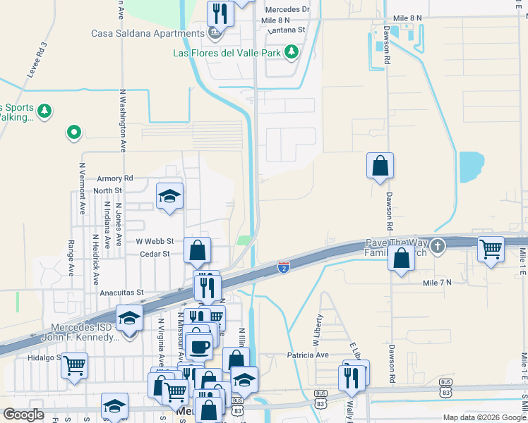 map of restaurants, bars, coffee shops, grocery stores, and more near 700 North Baseline Road in Mercedes